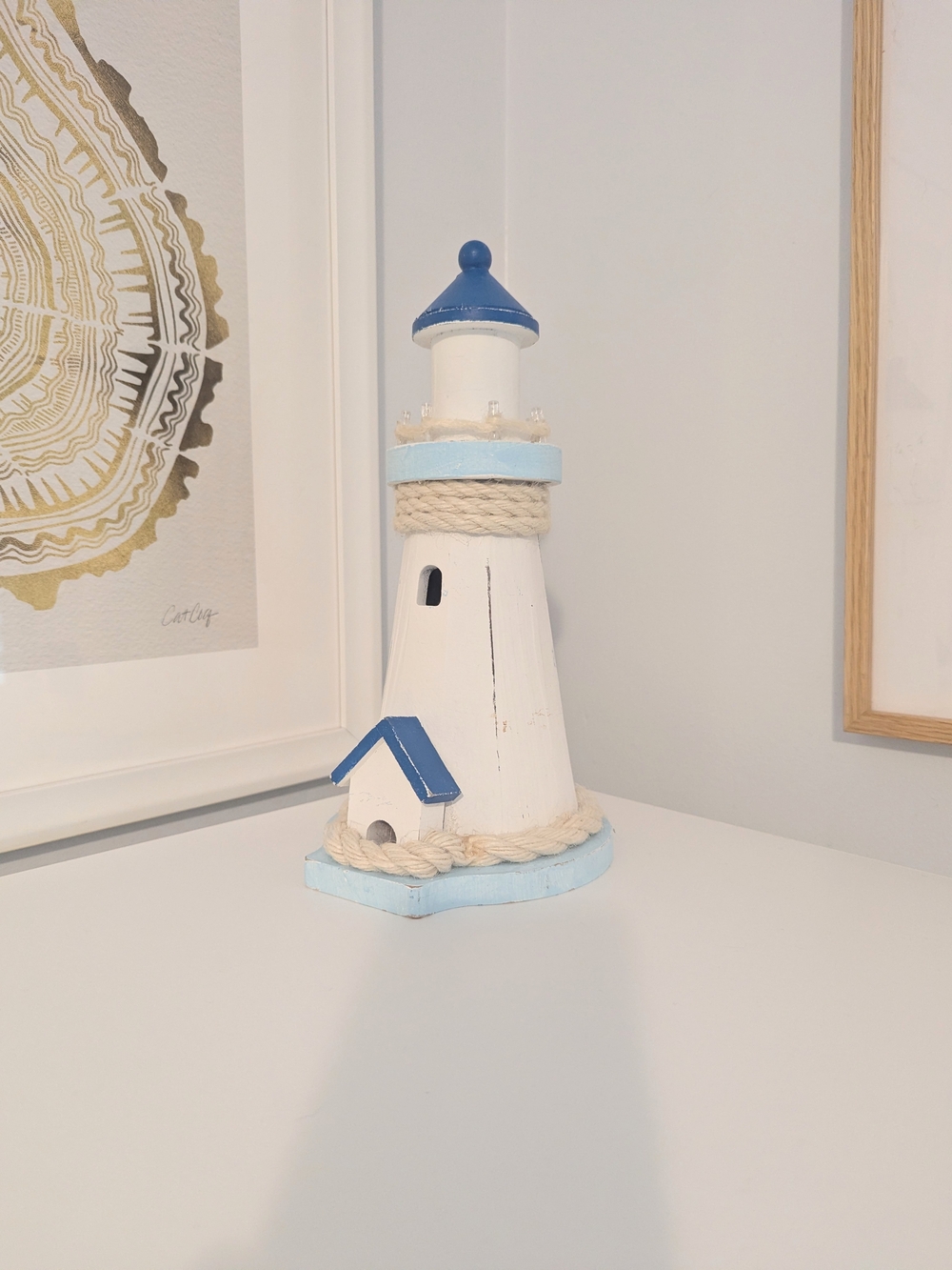 Small White and Blue Lighthouse Sculpture Decor x1